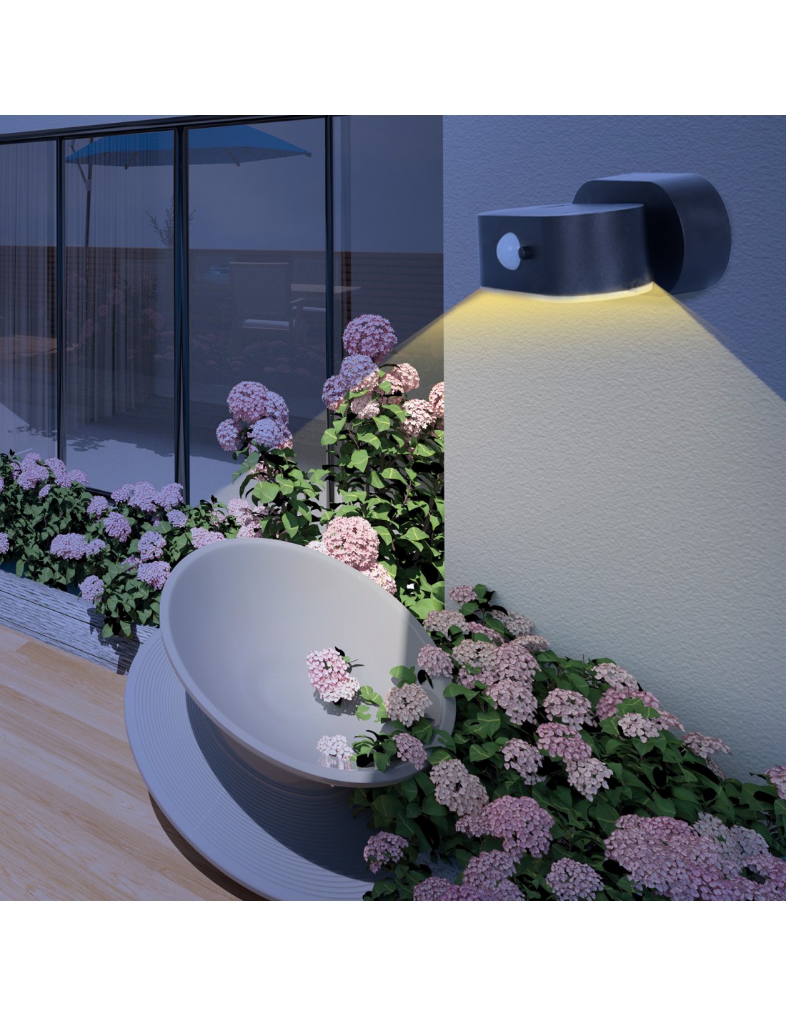 APPLIQUE SOLARE GEO 6000K IP44 con sensore di movimento e crepuscolare integrati